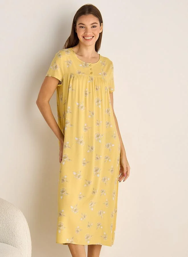 Splash FAV Midi Night Dress Short Sleeves Floral Print Viscose